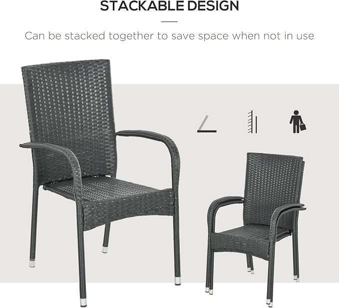Outsunny Stackable PE Rattan Outdoor Dining Chairs with Cushions, Set of 2 Wicker Kitchen Chairs with Armrests and Backrest for Patio, Deck, Cream White - Image 6