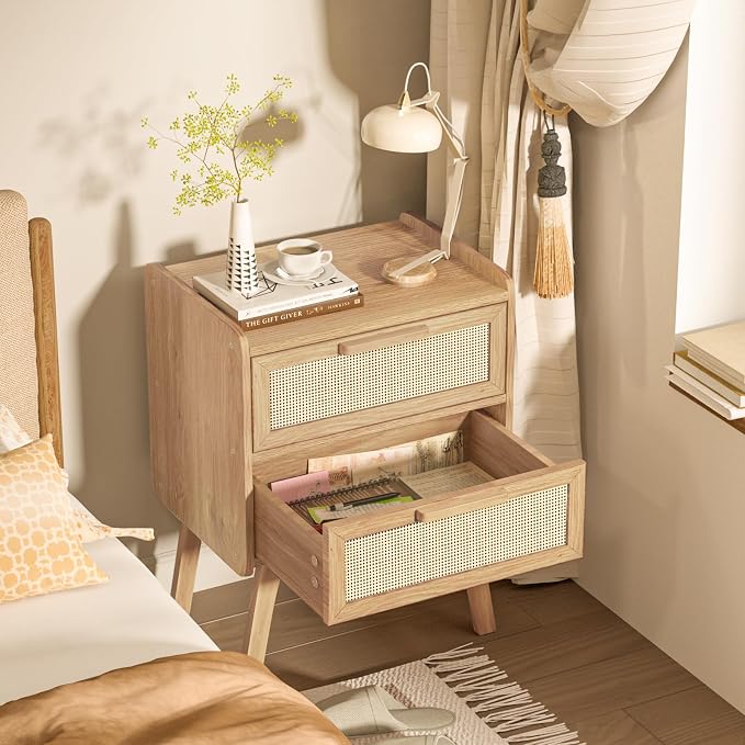 Lerliuo Rattan Nightstands Set of 2, Boho Night Stand with 2 Drawers, Cane Accent Side End Table, Bedside Table with Solid Wood Legs for Bedroom, Dorm and Small Spaces (Natural) - Image 6