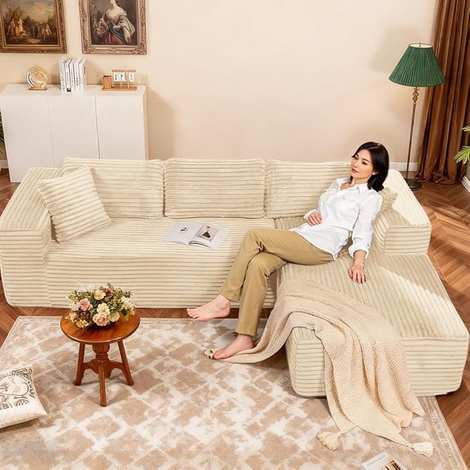 COMHOMA 105”Modular Sectional Sofa with Deep Seat,Cloud Upholstered L-Shape Couch Wide Arms Corduroy Fabric High-Density Foam Chaise Lounge for Living Room No Assembly Required