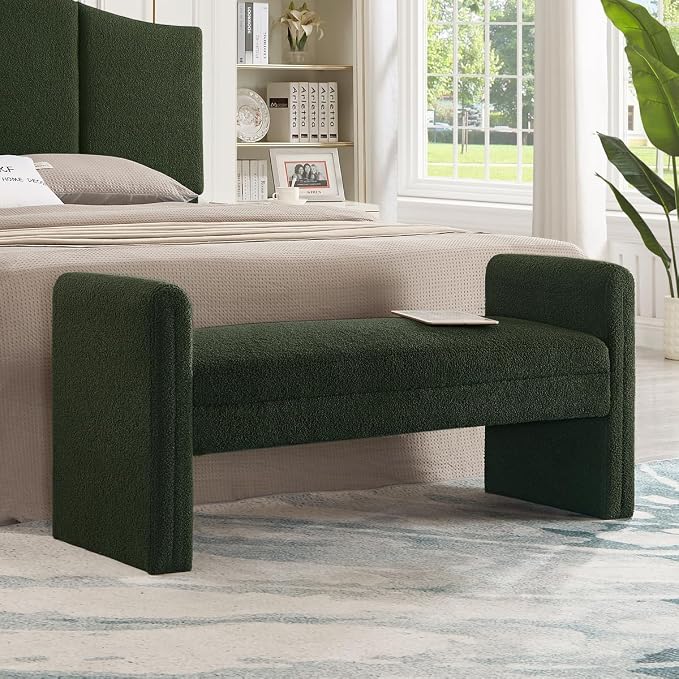 24KF Modern Upholstered Bed Bench Covered with Soft Boucle Teddy Fabric, Lovely Entryway Bench Ottoman with Armrest,5062-Dark Green by WEMARTHOMEDECOR