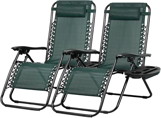 Nazhura Set of 2 Relaxing Recliners Patio Chairs Adjustable Steel Mesh Zero Gravity Lounge Chair Beach Chairs with Pillow and Cup Holder (Dark Green) by NazhuraGoodCompanionAtHome
