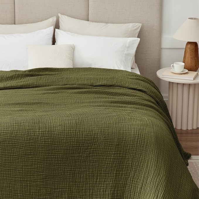100% Cotton Muslin Blanket 50" x 60", Breathable and Lightweight Cotton Throw Blankets for Couch, Soft Cooling Summer Gauze Blanket for Adults All Season, Olive Green