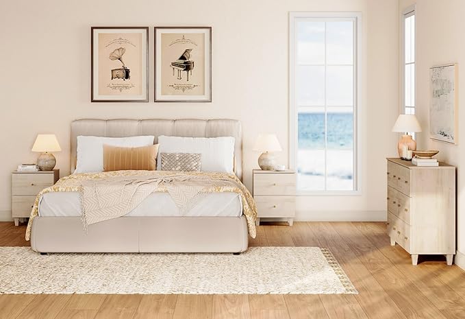 WAMPAT Dresser and Nightstands 3 Pieces, 47.2 Inches Wood Dresser with 6 Drawers, Set of 2 Night Stands with Drawers and Charging Stations, Bedroom Chest of Drawers and Bedside Tables Set, Light Oak