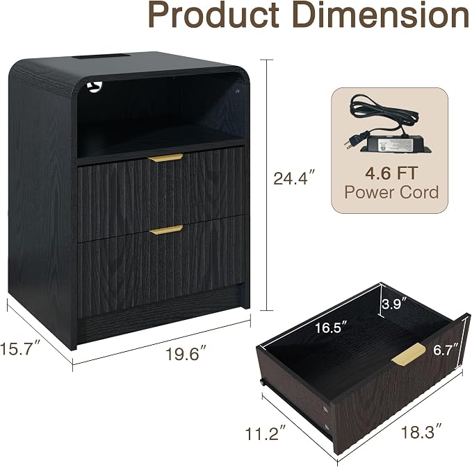 Black Nightstand Set of 2, Nightstands with Charging Station, Narrow Bedside Table with Drawers, Fluted Nightstand for Bedroom - Image 3