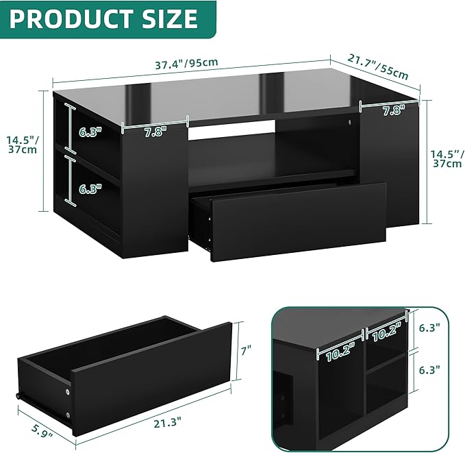 YITAHOME Modern LED Coffee Tables for Living Room, High Glossy Coffee Table with Storage 2 Drawers and Open Book Shelfs, Black Minimalist Coffee Table Small Wood Center Table Home Decor, Black