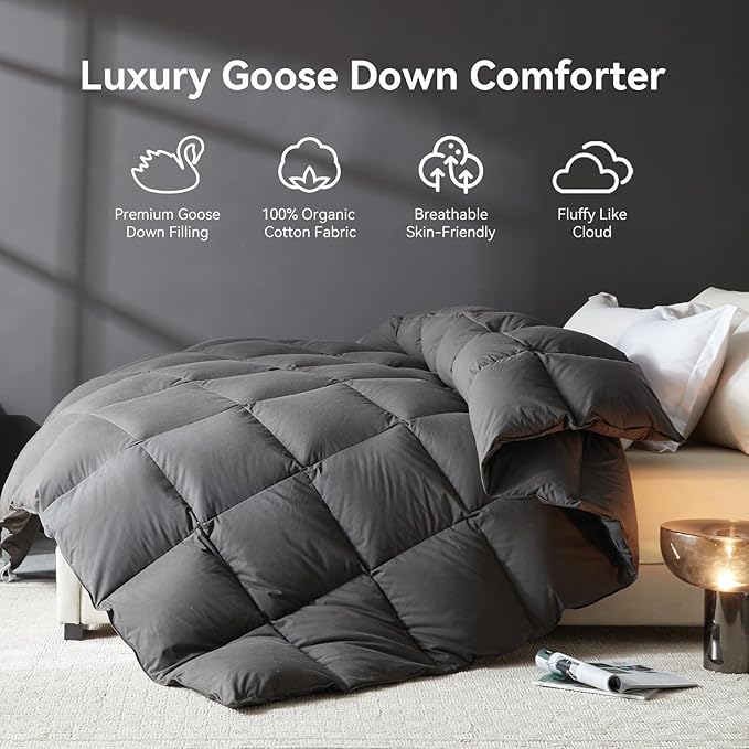 L LOVSOUL Goose Feather Down Fiber Comforter Oversize Queen Size, 100% Organic Cotton Fabric Duvet Insert,1200TC,750+Fill Power, Hotel Collection, All Season Grey Bedding Comforters with 8 Tabs