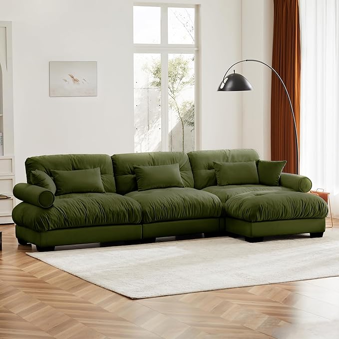 KEIKI 130" L-Shaped Oversized Velvet Modular Sectional Sofa with 1 Ottoman, High-Density Foam Cushions and Bolstered Armrests, Upholstered 3-Seater Cloud Couch with 5 Pillow, for Living Room, Green
