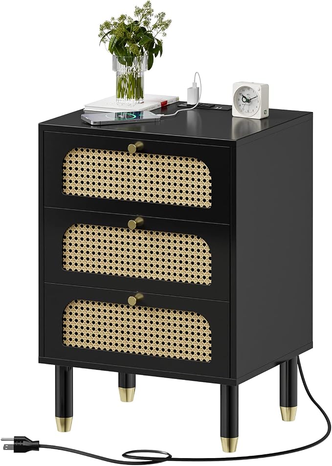 VINGLI Rattan Nightstand with Charging Station, 3 Drawer Night Stand, Boho Nightstand for Bedroom, Black Bed Side Table for Living Room, Wooden, 15.7" D x 18.9" W x 27" H - Image 9