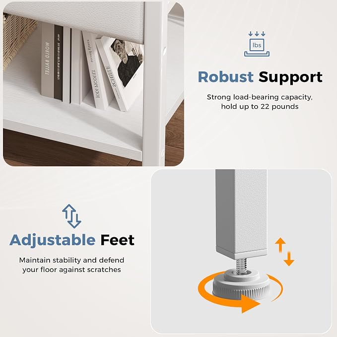 OLIXIS Nightstand with Charging Station, Bedside Tables with USB Ports and Fabric Drawer, Small Night Stand with Open Adjustable Shelf, Compact End Table for Bedroom, White - Image 7