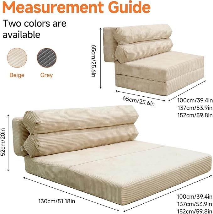 Convertible Sofa Bed, Folding Sofa Bed Couch, Pallout Floor Couch, Convertible Futon Chair Beds, Floor Teddy Sofas, Mini Couch for Bedroom, Love Seat Sleeper Beds(Beige White, 51.1"×59.8"×23.6")
