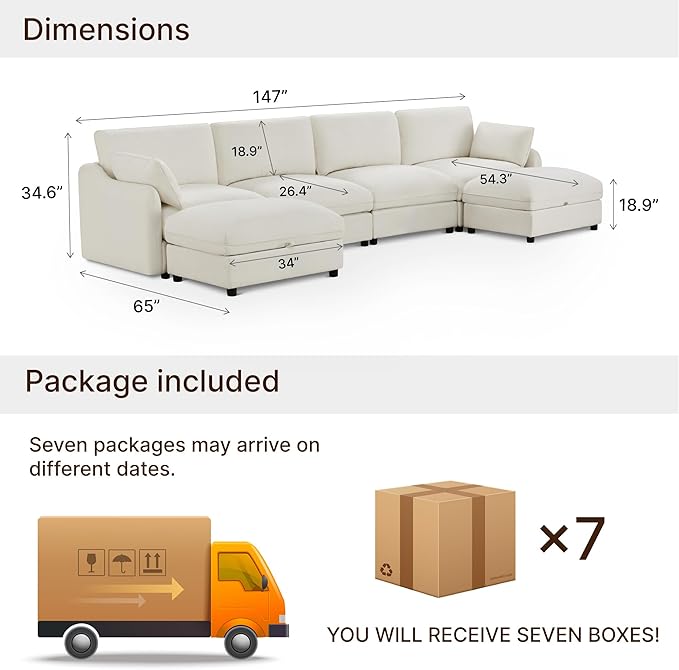 147" Cloud Sectional Couches for Living Room,U Shaped Oversized Modular Modern Linen Sofa with 2 Movable Ottoman,6 Deep Seat with 2 Throw Pillows,Warm White