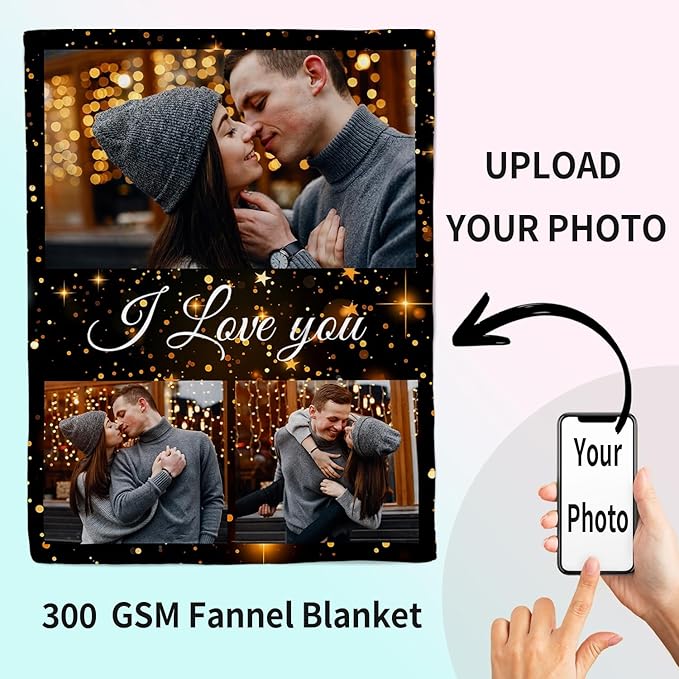 ROMANDY Ships Next Day Custom Blanket with Picture Customized Banket Personalized Throw Blankets Customizable Photo Blankets Customize Gifts for Mom Dad Girlfriend Boyfriend Wife Husband Her Him