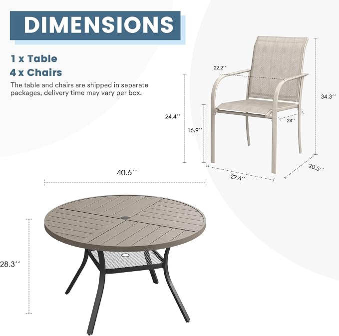 DIFY 5 Pieces Outdoor Patio Dining Set for 4, 40.6" Grey Wood-Like Round Metal Dining Table and 4 Sandshell Stackable Sling Dining Chairs, Outdoor Table and Chairs for Lawn Garden Backyard Deck - Image 8