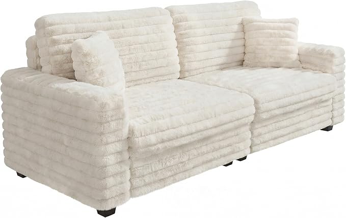 Plush Corduroy Sofa, Faux Fur Corduroy Loveseat, Oversized Deep Seat Sofa with 2 Pillows, Apartment and Small Space Sofas, Beige