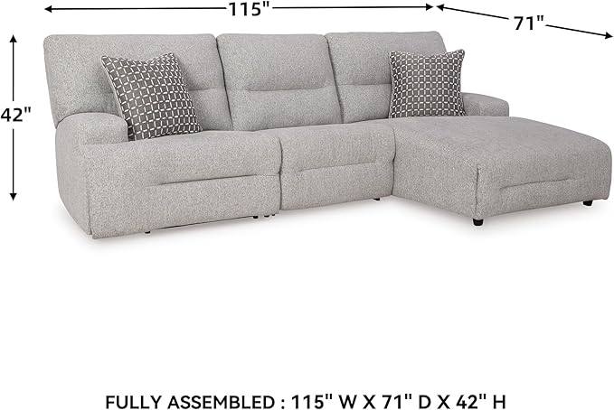 Signature Design by Ashley Acklen Place Stain Resistant Modern L-Shaped Right-Arm Facing 3-Piece Power Reclining Sectional with Adjustable Headrest, USB Ports and 2 Accent Pillows, Light Gray