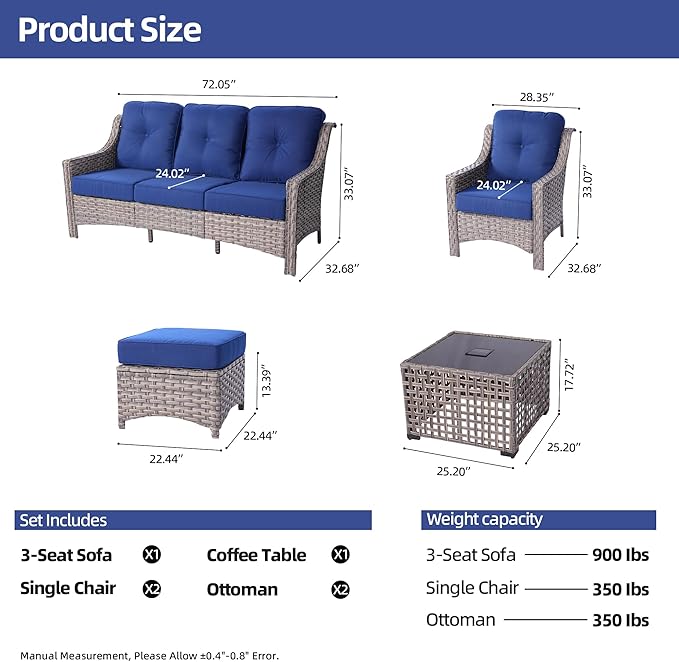 HOOOWOOO 6 Piece Patio Furniture Conversation Sets with Sola Light Table,Outdoor Wicker Furniture with Ottoman, All Weather Resistant Outside High Back Rattan Patio Set(Navy Blue)