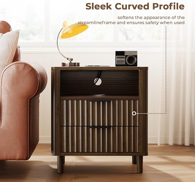Fluted Nightstand with Charging Station, 2 Drawers Storage Bedside Table, Solid Wood Modern Nightstand with Open Shelf, Curved Profile Design, End Table for Indoor Room Bedroom Office, Walnut - Image 6