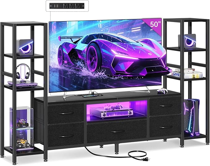 Casaottima TV Stand for 40/50/55 Inch TV, Low-Profile Entertainment Center with LED Lights & Power Outlets, TV Stand with Drawers & Open Shelves for Storage for Small Spaces/Living Room/Gaming, Black by Casaottima