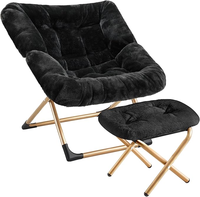Youtanic Comfy Oversized Saucer Chair with Ottoman,Soft Faux Fur Reading Lounge Chair for Adults,Stable X-Large Metal Frame and Non-Slip Pad,Cozy Chair for Bedroom, Living Room, Dorm, Office, Black