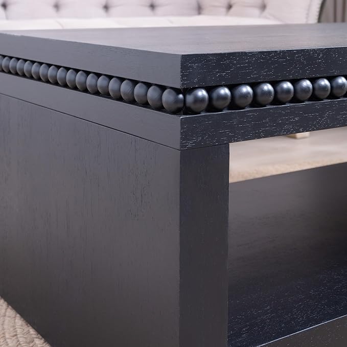 Rectangular Coffee Table with Real Wood Beads, Rustic Wooden Center Table with Open Storage Shelf, Farmhouse Tea Table for Living Room Apartment Office,47.6" L x 23.7" W x 18" H