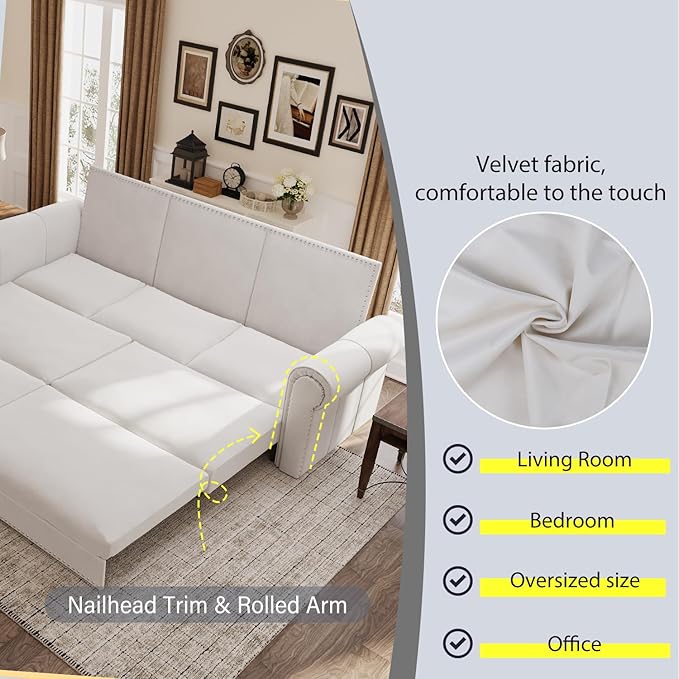 Eafurn 93.7" King Size Pull Out Sofa Bed, 3-in-1 Convertible Sleeper Sofa Couch Bed with Nailhead Decor and Rolled Arms, Velvet Oversized Chesterfield Loveseat Chaise Lounge