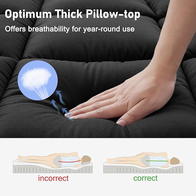 King Mattress Topper Extra Thick Pillowtop Cooling Plush Mattress Pad Cover Protector with 8-21 Inch Deep Pocket 3D Snow Down Alternative Fill Black