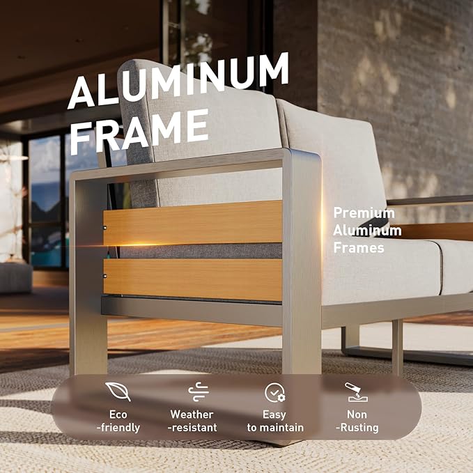 Aoxun Aluminum Patio Furniture Set, 5 Seats Luxury Metal Patio Conversation Sets with Coffee Table, 6'' Thick Cushions and 3-Seat Sofa, Modern Outdoor Furniture Set for Backyard/Poolside, Light Grey