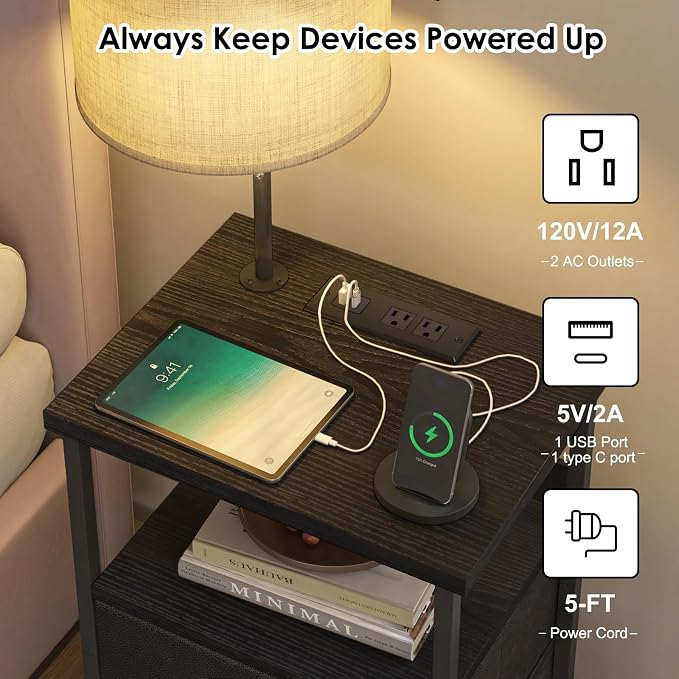 Fixwal Bedside Table with 3 Color Temperature Reading Light, Nightstand with LED Light & Charging Station End Table with Adjustable Fabric Drawer for Bedroom, Dorm, Black - Image 4