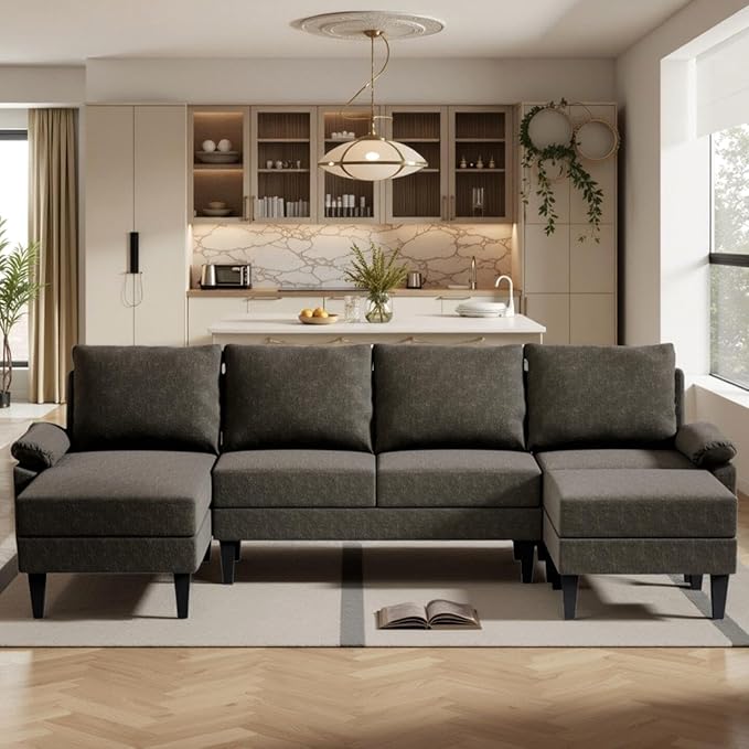 Sectional Couches for Living Room, Convertible 4 Seat Modular Sectional Sofa Set for Living Room, L Shaped Couch or U Shaped Couch with Ottoman for Apartment, Brown