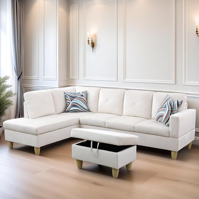FONTOI L Shaped Sectional Couch Sofa, Modern Couches for Living Room, Comfy 4 Seat Modular Sectional Sofa with Ottoman Storage for Bedroom Apartment, White