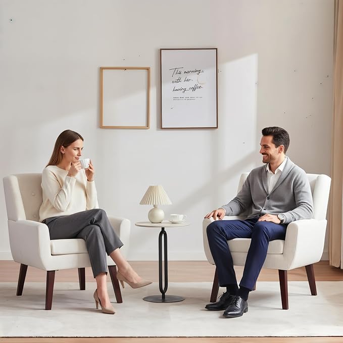 HUIMO Upholstered Accent Chairs Set of 2,Button-Tufted Reading Comfy Living Room Chair with Wooden Legs,Mid Century Modern Chair with Linen Fabric,Club Chair Comfy Arm Chairs for Bedroom,Beige