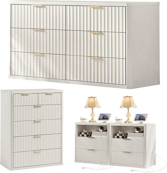 LEYAOYAO Fluted Dressers & Nightstand Set of 4, Wood 48" Wide Dresser & 42" Tall Chest of Drawers,Modern Bedroom Furniture Sets,White Wooden Nightstand Set of 2 with 2 Drawers & Charging Station