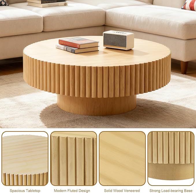 Rovibek Fluted Round Coffee Table, 31.5" Modern Wooden Coffee Table with Fluted Base, Circle Accent Center Table for Living Room Apartment Office Small Space, Easy Assembly (Natural)
