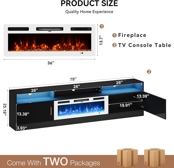 MXV 78" Fireplace TV Stand with Power Outlet for TVs UP to 90", Electric Fireplace Entertainment Center with LED Lights & Storage Cabinets, TV Console for Living Room, Office, Black-White - Image 2