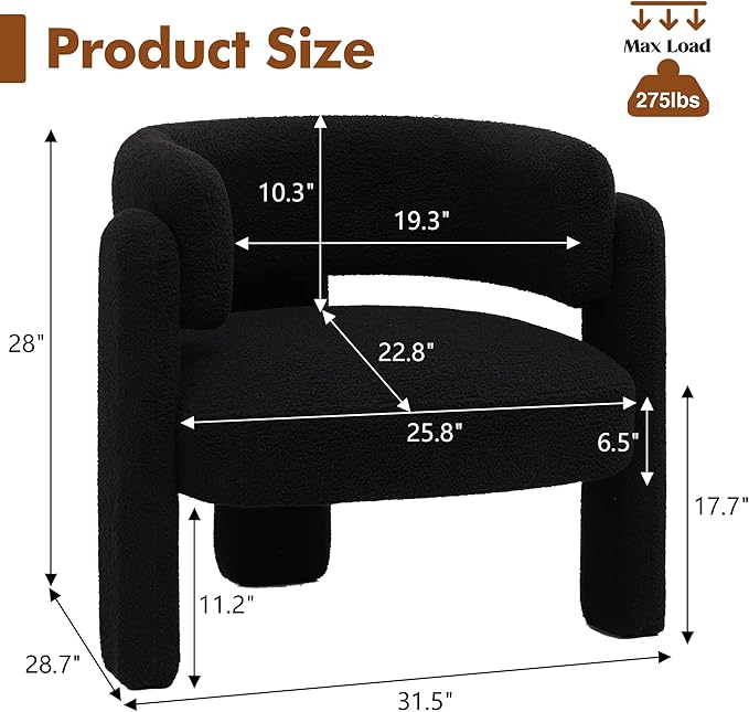 Accent Chair for Living Room, Modern Sherpa Barrel Chair, Upholstered Living Room Chairs with 3 Legs, Comfy Armchair Reading Side Chair for Bedroom, Office, Apartment, Black