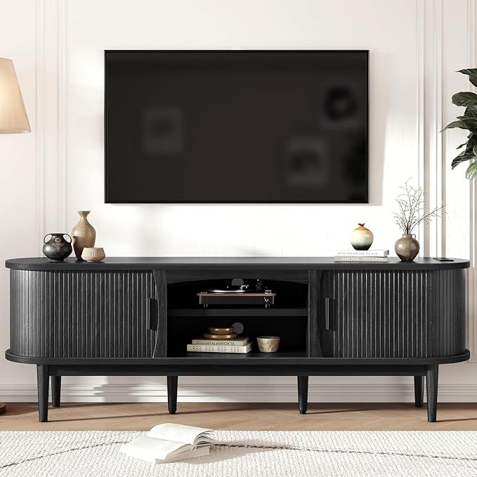 Decofy Mid Century TV Stand for TVs up to 65 Inches, Entertainment Center with Storage, Power Outlet, Fluted Sliding Doors & Adjustable Shelves, Modern Media TV Console Table for Living Room (Black) by Decofy