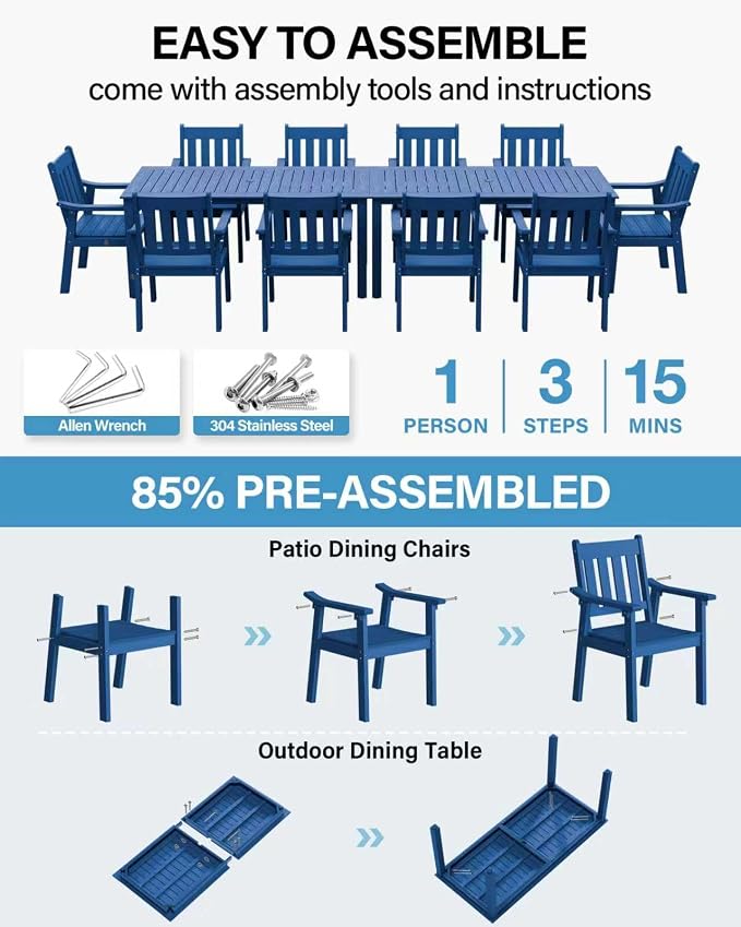 YEFU Outdoor Patio Dining Sets: All Weather 12 Piece Dining Table Set for 10 with Umbrella Hole & Aluminum Frame - Outdoor Furniture Patio 2 Table and 10 Chairs for Outside Backyard/Porch/Deck Blue - Image 2