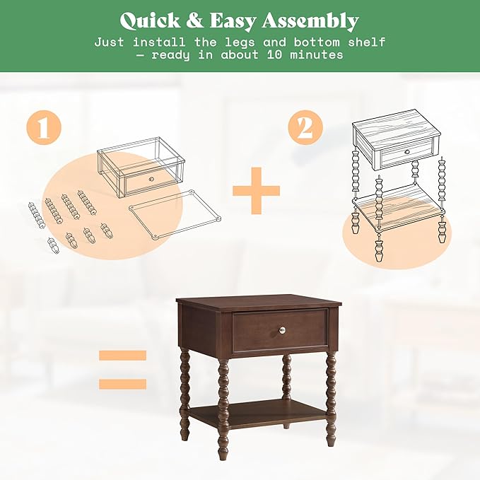 AMERLIFE 24" Walnut Nightstand, Vintage Bedside Table for Bedroom, Solid Wood Night Stand with Turned Legs, End Table with Drawer & Open Shelf, Large/Tall Nightstand, Walnut Finish - Image 5