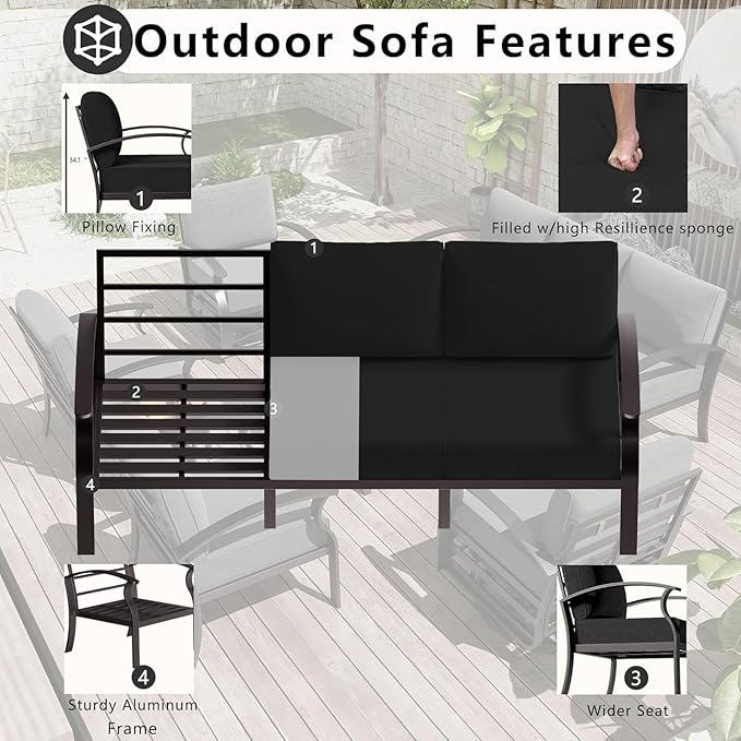 Aluminum Patio Furniture Set with Fire Pit Table, 7 Seats Outdoor Patio Conversation Sets with Swivel Chair Modern Metal Sectional Sofa with Upgrade Cushions for Patio, Backyard