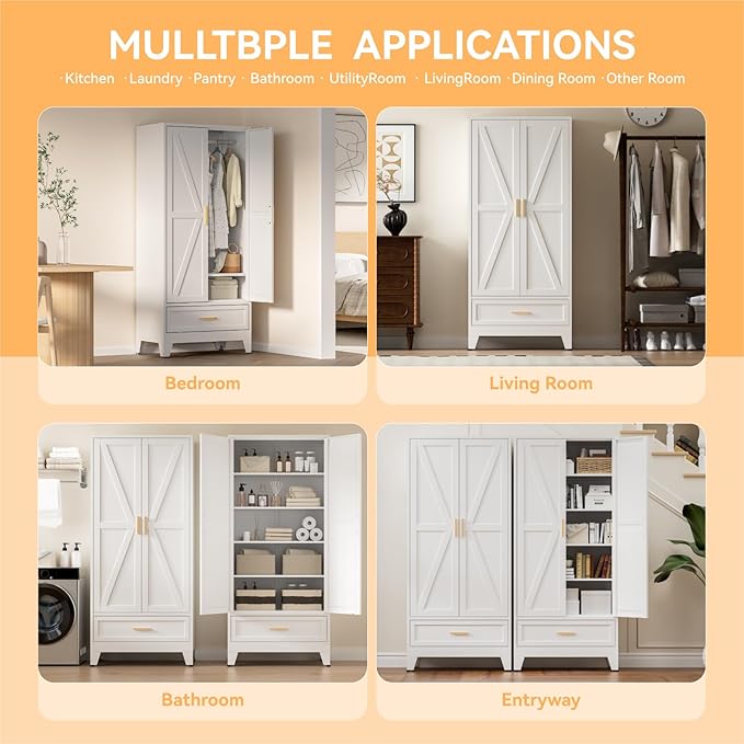 COFaR 71 Farmhouse Metal Wardrobe Closet with Hanging Rod, 2 Barn Doors, Adjustable Shelves, Steel Armoire with Drawer for Home, Bedroom White