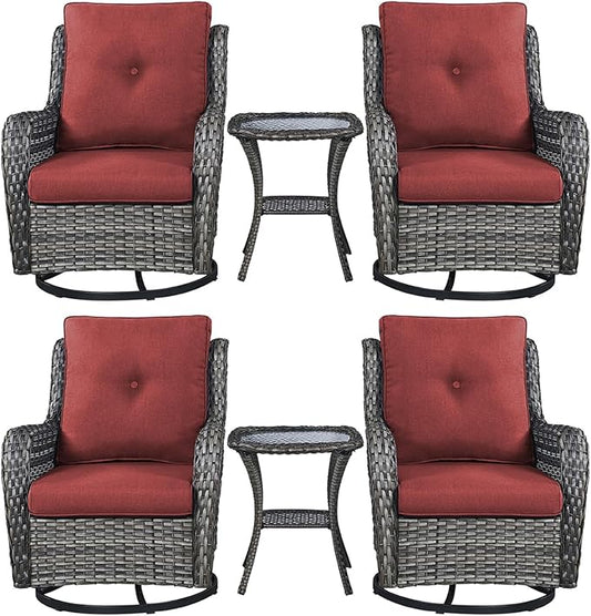 Rilyson Wicker Rocking Chair Swivel Chairs – 6 Piece Rocker Patio Furniture Set Rattan Rocking Bistro Sets with Glass Top Side Table for Outdoor Porch Deck Garden Backyard(Mixed Grey/Red)