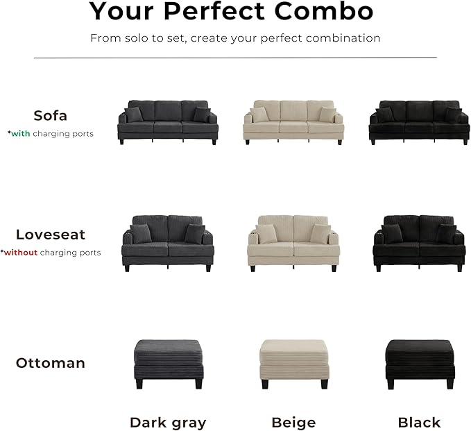 Homes: Inside + Out Reese Modern Plush Chenille Couch with Side Pockets, Cup Holders and USB Ports, Wooden Comfortable Sofa for Living Room, Bedroom and Office, Black