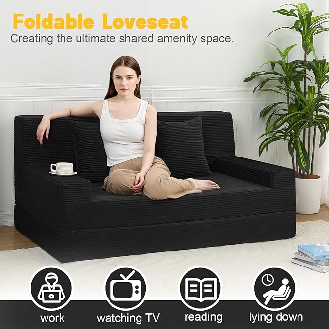 MeMoreCool Boneless Folding Sofa Bed Queen – Corduroy Convertible Futon Couch, 2-in-1 Floor Sleeper with Foam Support, Detachable Pillow & Washable Cover for Living Room, Guest Room, Apartment