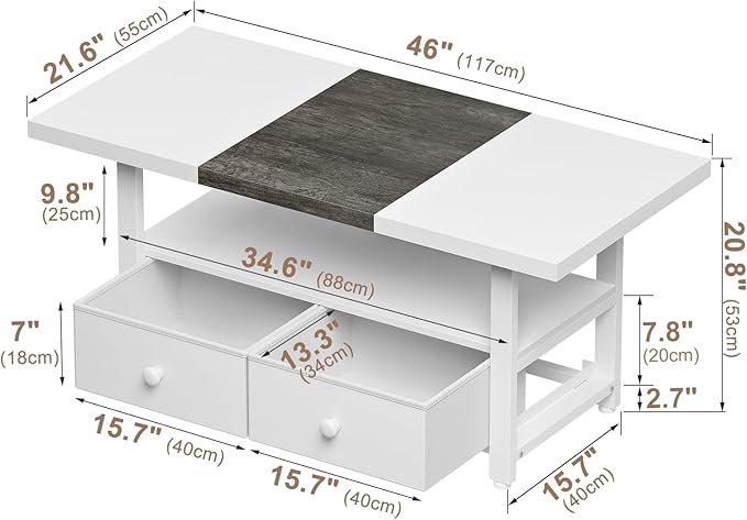 FABATO 2-Tier Coffee Table with Storage Shelf and 2 Drawers, 46'' Rectangular Center Table Wood Top for Living Room Reception Room, Metal Frame, Easy Assembly, Antique White