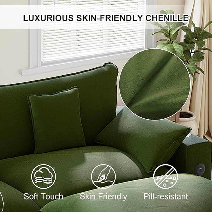 80.7" Modular Sectional Sofa, L Shaped Cloud Couch with Movable Ottoman, Chenille Deep Seat Cloud Sofa with Charging Station, Cup Holder, Side Pocket, Sectional Couches for Living Room, Green