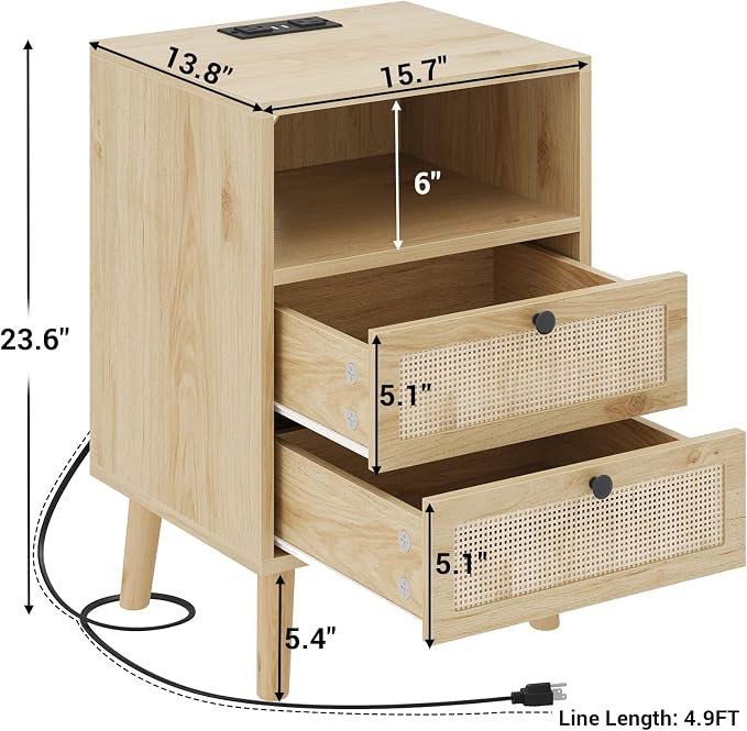 AOGLLATI Rattan Nightstands Set of 2 with Charging Station and LED, Bed Side Tables with 2 Drawers and Open Storage, Wood End Tables, Organic Modern Night Stands for Bedroom - Image 2