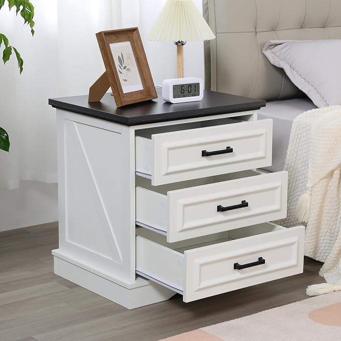 Farmhouse Night Stands Set of 2, Wood Nightstand with Charging Station, 22" Wide End Table with 3 Drawers, White Bedside Cabinet for Bedroom - Image 2