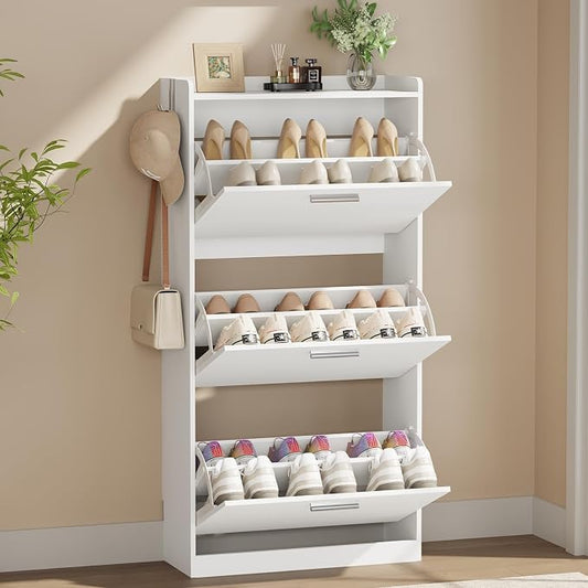 Shoe Cabinet Organizer with 3 Flip Drawers & 3-Tier Adjustable Shelves, Freestanding Shoe Rack Cabinet, Narrow Shoe Storage for Entryway, Foyer, Hallway, White, 23.6" W × 9.4" D × 47.2" H by Draelibor