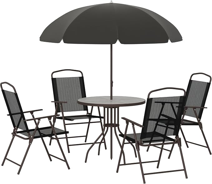 Outsunny 6 Piece Patio Dining Set for 4 with Umbrella, Outdoor Table and Chairs with 4 Folding Dining Chairs & Round Glass Table for Garden, Backyard and Poolside, Black and Coffee by Outsunny