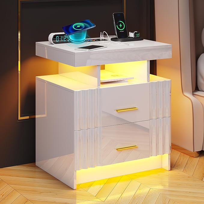 Night Stand Set of 2 with RGB Lights, LED Nightstand with Charging Station, Modern Bedside Table with 2 Drawers, Smart Lighted Nightstand, High Gloss End Table Bed Side Table, White - Image 2